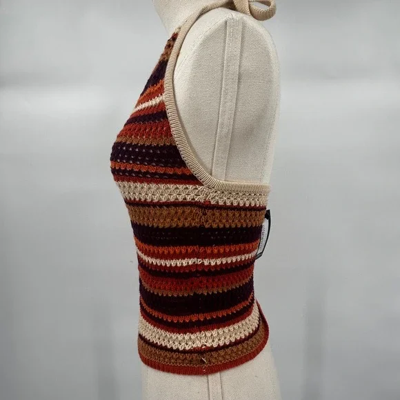 PRETTYLITTLETHING Striped Crochet Halter Neck Crop Top Multi XS - Picture 5 of 8